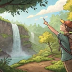 A hiker asking a Korean park ranger for directions on a mountain trail with a waterfall visible in t...