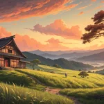 A Korean countryside landscape featuring a traditional barn silhouetted against a beautiful sunset,...