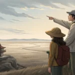 A tourist and a Korean guide survey a wide, empty plain, representing a Korean language lesson about...