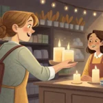 A shopper asking a cashier about buying many candles at a checkout counter in a Korean store, illust...