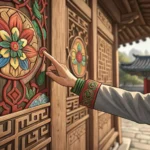 A close-up image showing hands examining the detailed traditional carving on a Korean wooden spoon,...