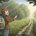 Illustration of a tourist asking a local Korean elder for directions to a hidden path leading toward...