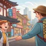 A tourist asking a local Korean person for directions, with a beautiful sunset view over a small jet...