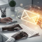 Two hands working together over a digital screen symbolizing urgent email help between colleagues in...