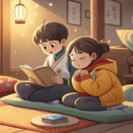 Two Korean students studying together at home, one looking stressed over an anthropology paper while...
