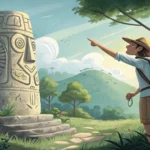 Illustration of a tourist and guide in a Korean forest, looking curiously at a mysterious stone pill...