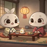 Illustration of two cute Korean-style characters studying a colorful world map together in a cozy ro...