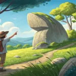 A tourist asks a guide about a large, mysterious boulder located in a scenic Korean valley landscape...