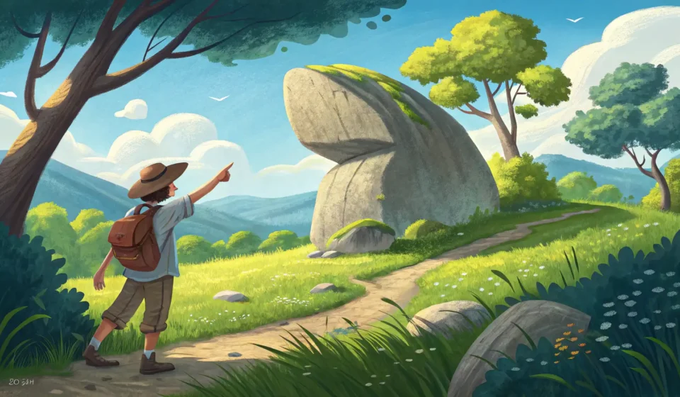 A tourist asks a guide about a large, mysterious boulder located in a scenic Korean valley landscape...