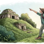 Illustration of a tourist asking a guide about ancient fort ruins visible in a vast desert landscape...