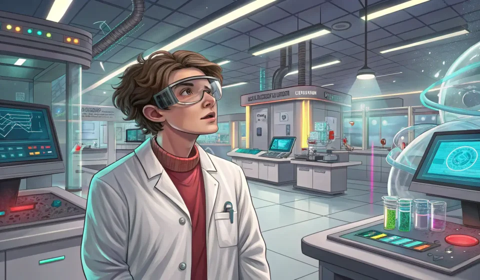 Illustration showing a student seeking help from a TA with a physics experiment in a lab, symbolizin...