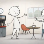Illustration depicting one person politely asking another person for help moving a heavy cardboard b...