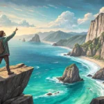 A tourist asking a guide about hidden spots while viewing a scenic Korean coastline with cliffs, sug...