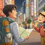 A tourist asking a Korean local for directions to a hidden trail leading to a scenic mountain overlo...