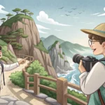 Illustration depicting a tourist asking a guide about a hidden location near a scenic Korean coastli...
