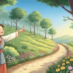 Illustration of a Korean local pointing a tourist towards a hidden path leading through hills with g...
