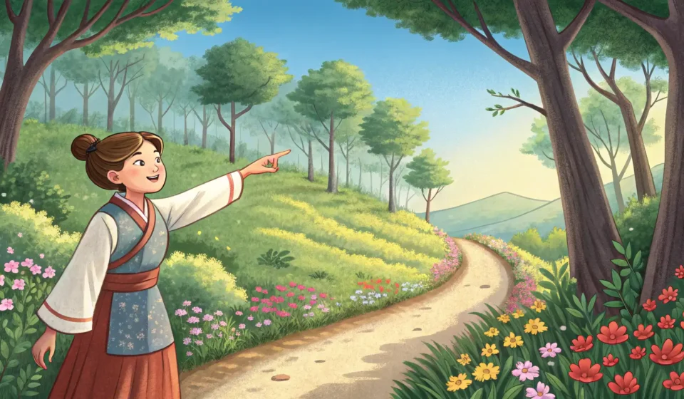 Illustration of a Korean local pointing a tourist towards a hidden path leading through hills with g...