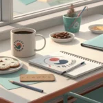 Illustration of a Korean office break room table with a coffee mug, notebook, and empty pen holder,...