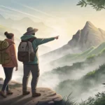 A tourist and a guide on a misty Korean mountain trail, looking towards faint ruins, symbolizing ask...