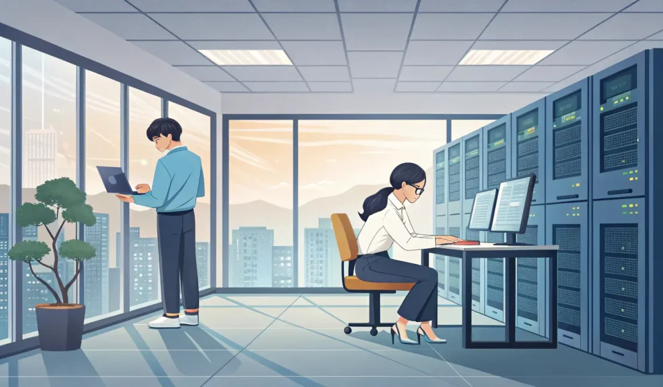 Illustration showing two colleagues in a Korean office IT server room, one asking the other a questi...