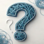 Stylized question mark made of computer cables against a blurred Korean office background, represent...