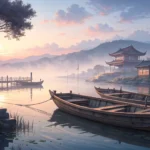 A peaceful illustration of a Korean harbor with traditional boats drifting on calm water, viewed fro...