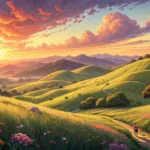 Illustration of a Korean park ranger pointing out a beautiful sunset view over hills to a camper ask...