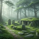 A mysterious stone circle sits within a misty Korean forest, symbolizing a tourist asking questions...