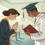 A student respectfully approaches a Teaching Assistant (TA) in a modern Korean university setting, s...