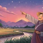 Illustration of a tourist asking a local for directions to a beautiful twilight viewing spot in Kore...