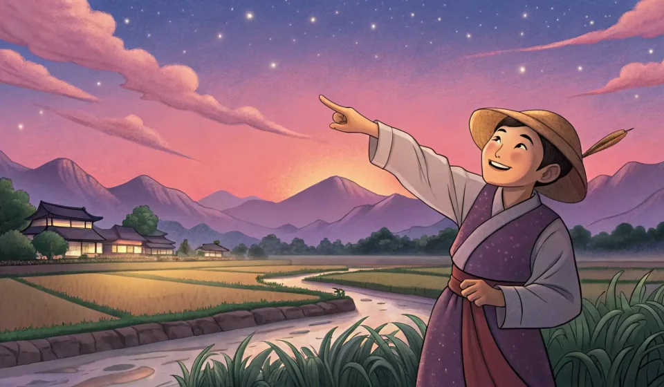 Illustration of a tourist asking a local for directions to a beautiful twilight viewing spot in Kore...