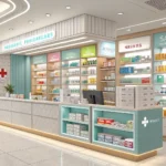 Illustration of a friendly pharmacist inside a modern Korean pharmacy, symbolizing learning Korean v...