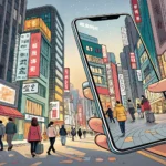 A smartphone screen displaying a modern Seoul street enhanced with abstract digital overlays, symbol...