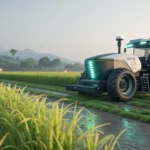 A modern autonomous tractor working without a driver in a lush Korean rice field, illustrating advan...