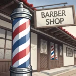 Illustration of a traditional Korean barbershop pole spinning outside a shop entrance, representing...