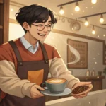 A Korean barista smiles warmly while serving a smooth-looking coffee to a customer, representing a l...