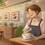 Barista in a cozy Korean cafe offering a steaming latte to a customer on a foggy morning visible thr...