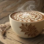 A steaming latte with delicate art sits on a table in a cozy Korean cafe setting, symbolizing learni...