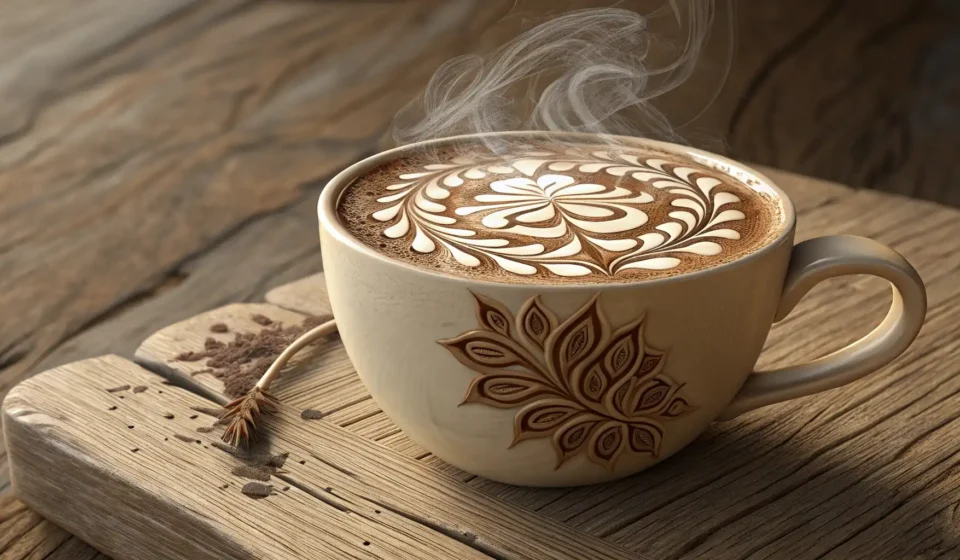A steaming latte with delicate art sits on a table in a cozy Korean cafe setting, symbolizing learni...