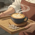 A Korean barista's hands offer a warm latte with foam art in a cozy cafe, representing a recommendat...