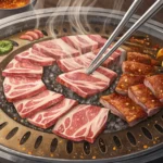 Close-up view of various meats sizzling on a tabletop Korean BBQ grill, surrounded by small Korean s...