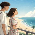 Illustration of a Korean couple discussing and choosing between two different types of beaches on a...