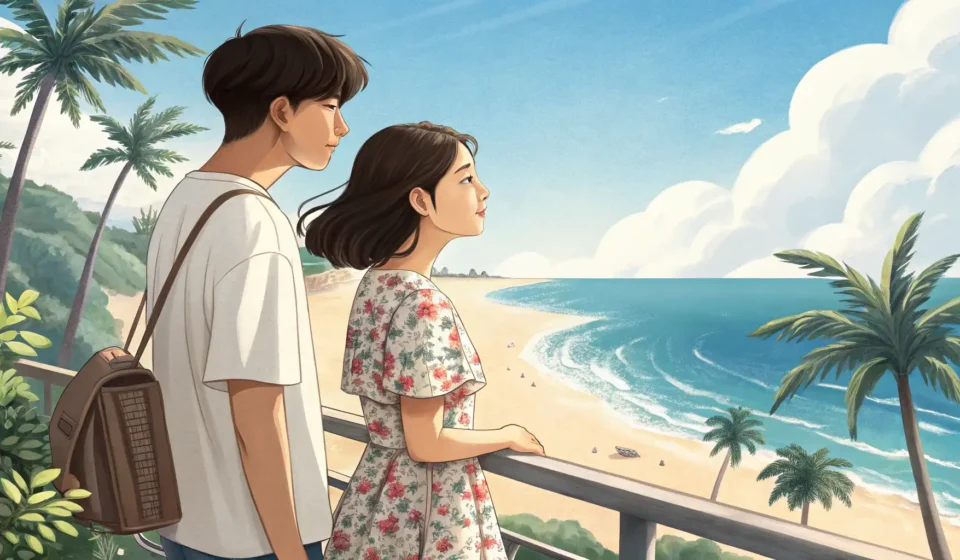 Illustration of a Korean couple discussing and choosing between two different types of beaches on a...