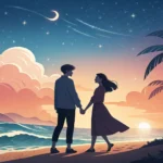 Illustration of a Korean couple silhouetted on a beach at sunrise, discussing which direction to wal...