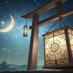 A traditional Korean paper lantern glows under a starry night sky with a crescent moon, symbolizing...