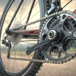 Close-up of a bicycle chain needing repair inside a busy Korean bike shop, symbolizing asking for a...