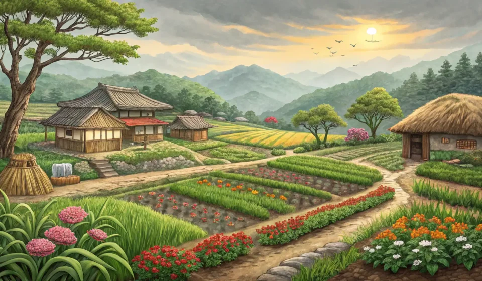 Illustration depicting a lush Korean farm practicing biodiversity agriculture, featuring varied crop...