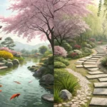 Split image of a traditional Korean garden, half in daylight, half under a starry night sky, symboli...