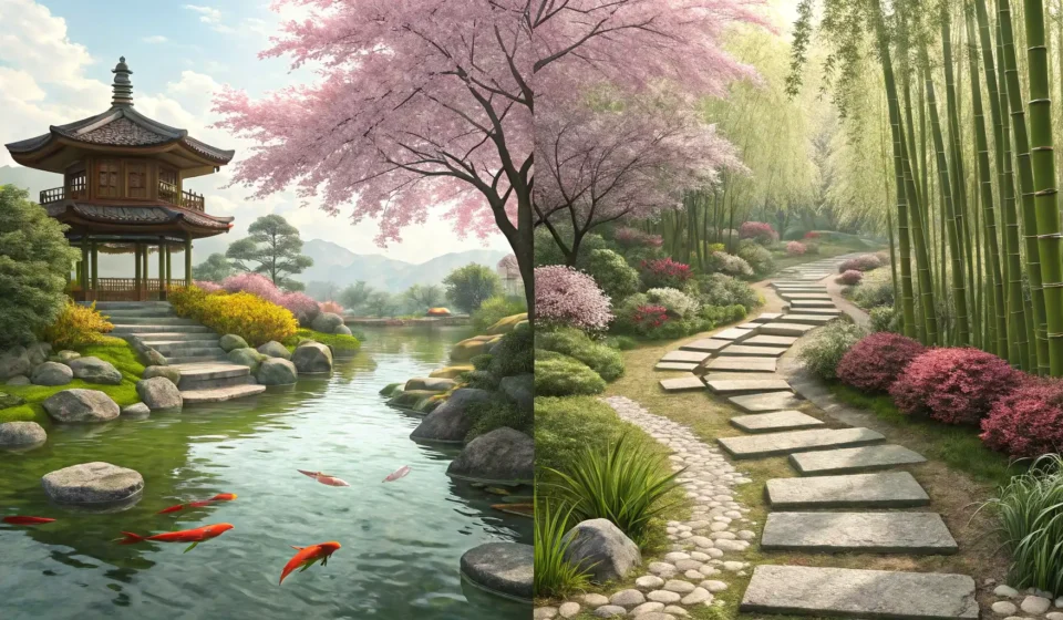 Split image of a traditional Korean garden, half in daylight, half under a starry night sky, symboli...