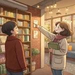 Illustration depicting a customer receiving a book recommendation from staff inside a welcoming Kore...